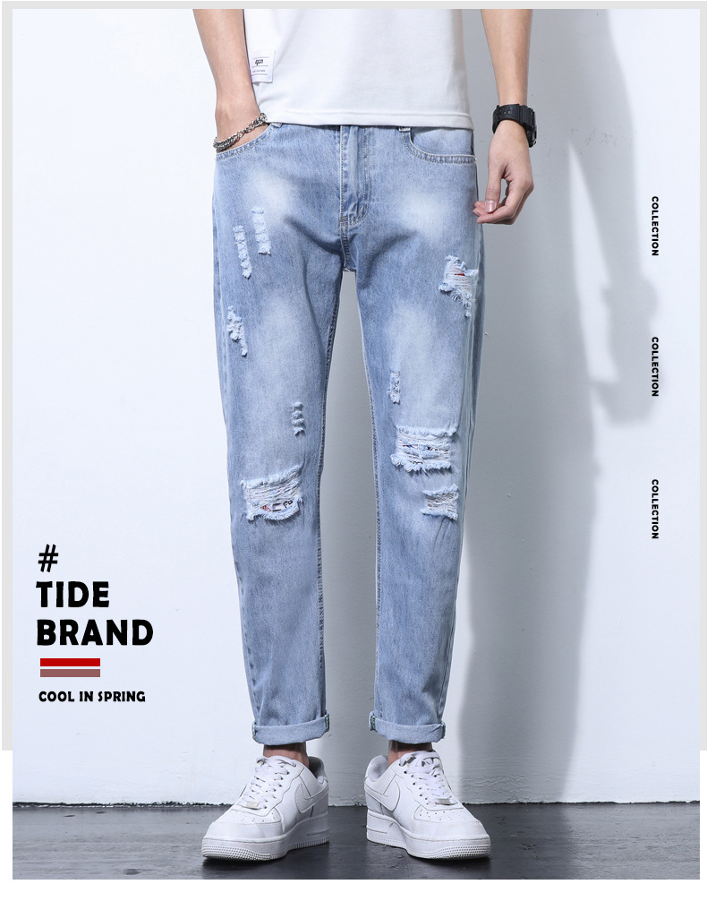 2022 Jeans Men's Korean Style Casual Men's Denim (Ankle-Length Pants) Spring and Autumn Trends Light Color Hole Mid-Waist Jeans 2022 Jeans Men's Korean Style Casual Men's Denim (Ankle-Length Pants) Spring and Autumn Trends Light Color Hole Mid-Waist Jeans