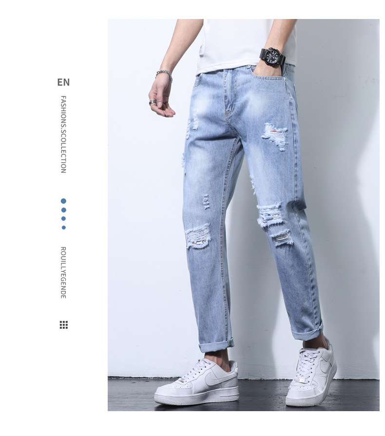 2022 Jeans Men's Korean Style Casual Men's Denim (Ankle-Length Pants) Spring and Autumn Trends Light Color Hole Mid-Waist Jeans 2022 Jeans Men's Korean Style Casual Men's Denim (Ankle-Length Pants) Spring and Autumn Trends Light Color Hole Mid-Waist Jeans