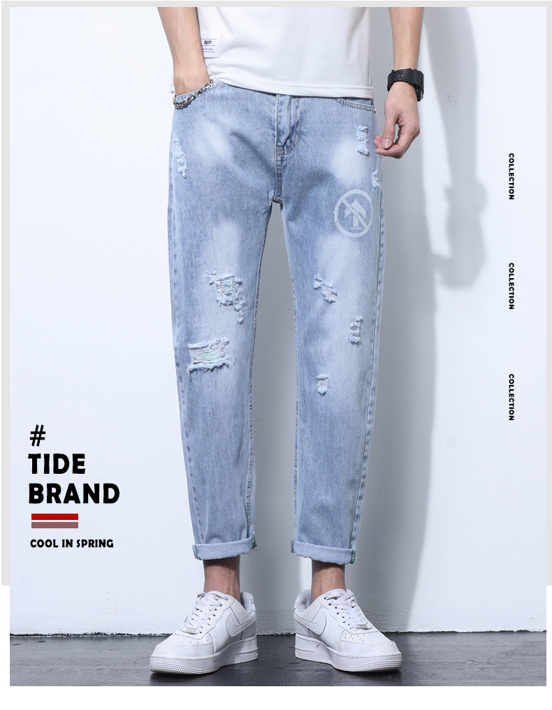 2022 Jeans Men's Korean Style Casual Men's Denim (Ankle-Length Pants) Spring and Autumn Trends Light Color Hole Mid-Waist Jeans 2022 Jeans Men's Korean Style Casual Men's Denim (Ankle-Length Pants) Spring and Autumn Trends Light Color Hole Mid-Waist Jeans
