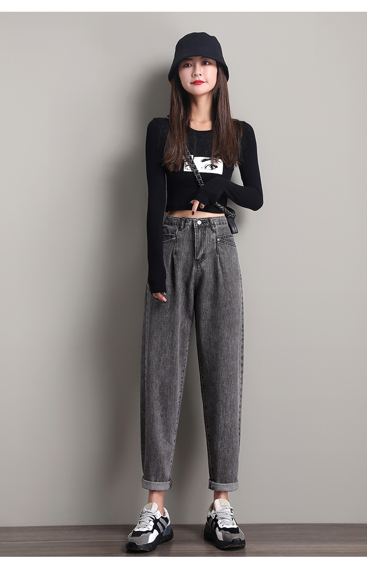 Real Shot 2020 New Jeans Women's Loose plus Size Women's Clothing Plump Girls Cropped Pants Korean Style High Waist Dad Harem Pants