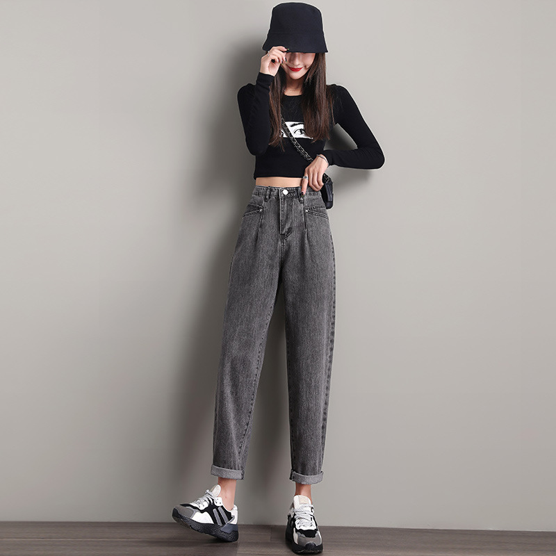 Real Shot 2020 New Jeans Women's Loose plus Size Women's Clothing Plump Girls Cropped Pants Korean Style High Waist Dad Harem Pants