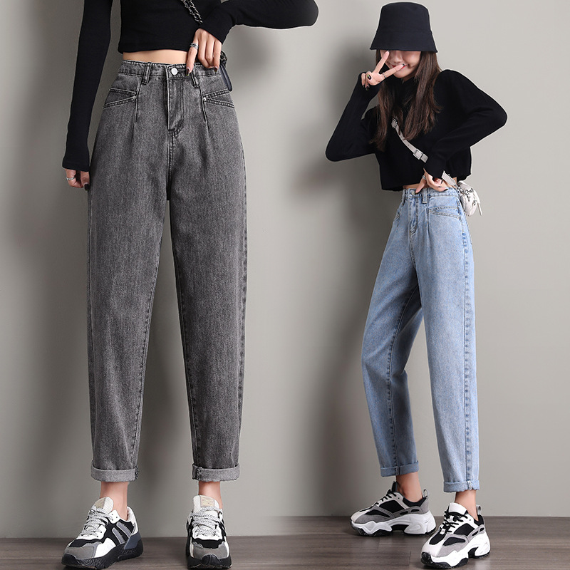 Real Shot 2020 New Jeans Women's Loose plus Size Women's Clothing Plump Girls Cropped Pants Korean Style High Waist Dad Harem Pants