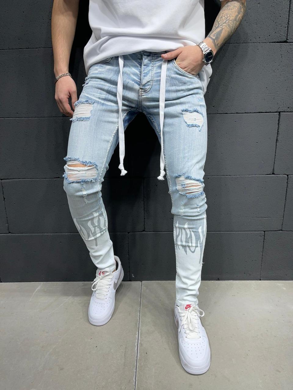 New European and American Men&#039;s Slim Ripped Ankle-Tied Jeans Printed Flame Fashion Personality Denim Lace Jeans