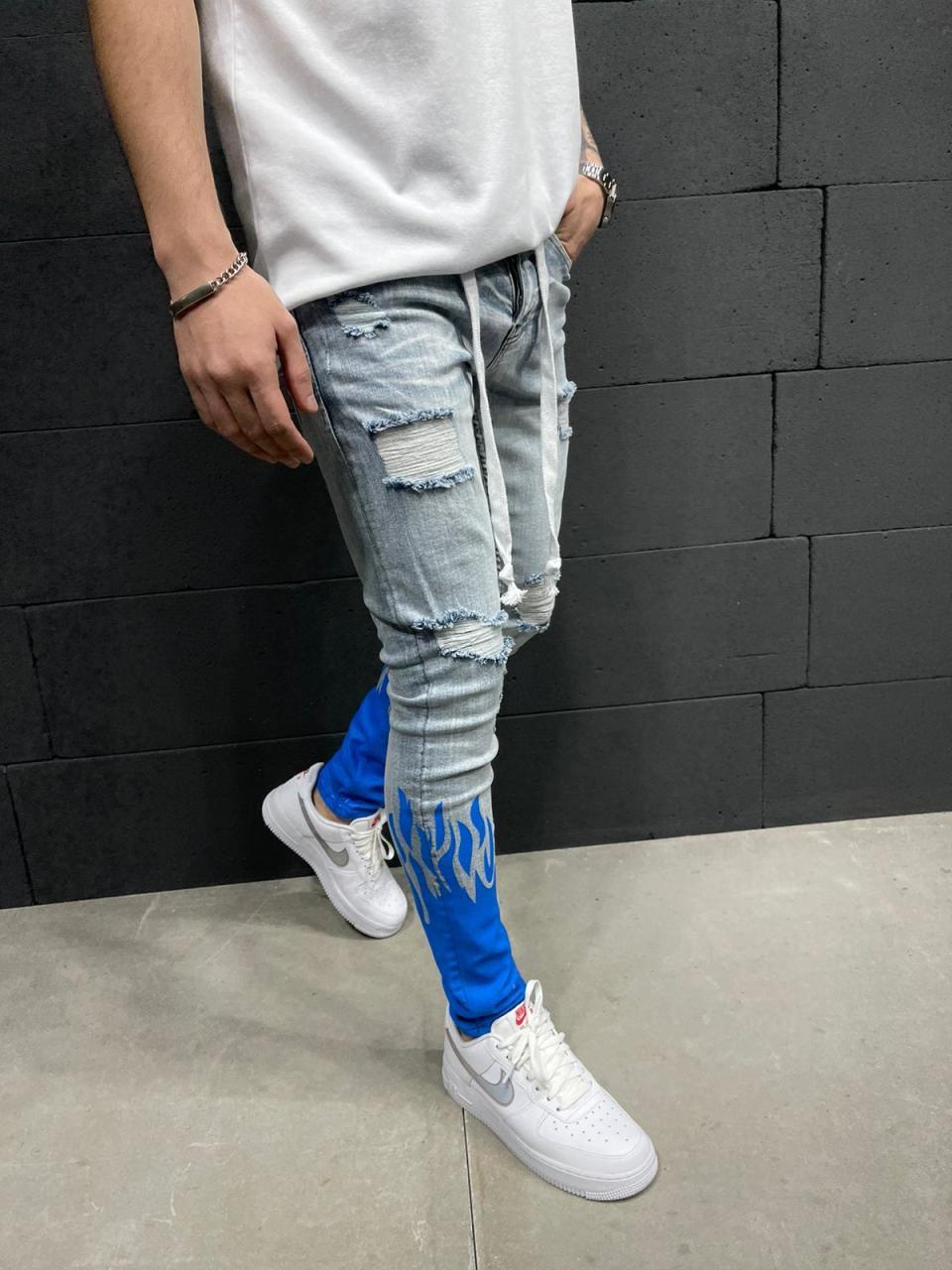 New European and American Men&#039;s Slim Ripped Ankle-Tied Jeans Printed Flame Fashion Personality Denim Lace Jeans