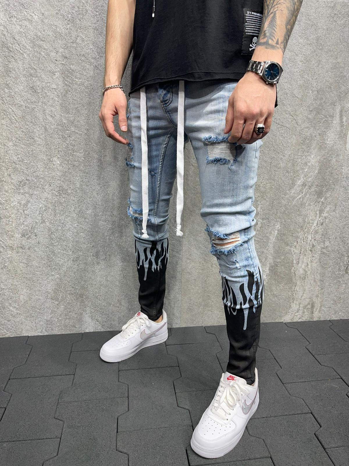 New European and American Men's Slim Ripped Ankle-Tied Jeans Printed Flame Fashion Personality Denim Lace Jeans New European and American Men's Slim Ripped Ankle-Tied Jeans Printed Flame Fashion Personality Denim Lace Jeans