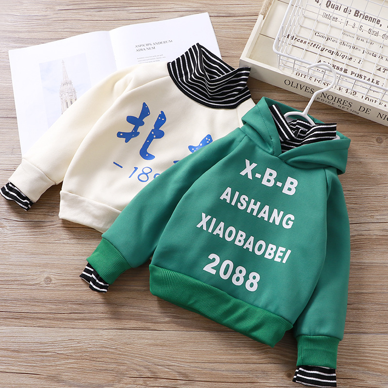 New Brushed Hoody Fake TwoPiece Baby Single Blouse Winter KoreanStyle Baby Velvet Hoodie Single Autumn Clothes