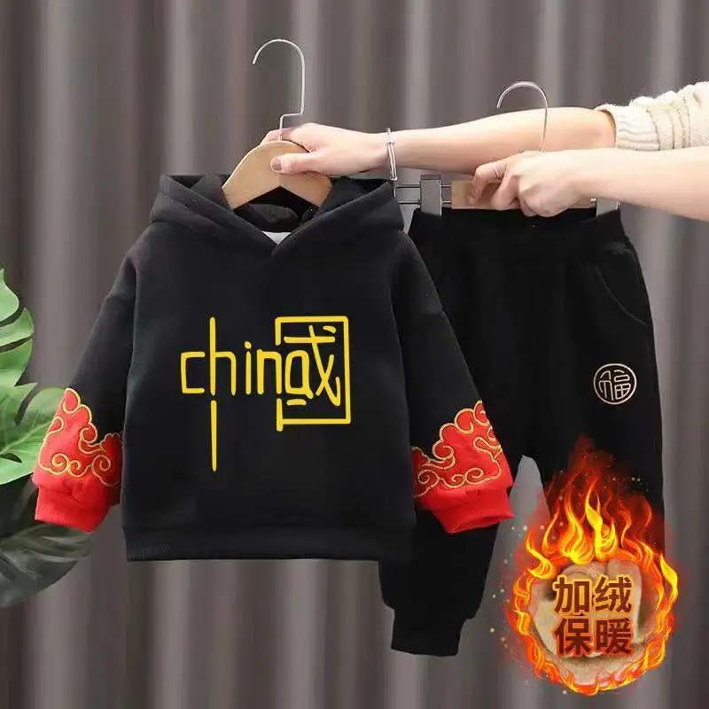 Children&#039;s New Year Clothes Boys&#039; Autumn and Winter New Brushed Hoody Western Style New Year Clothes Boys&#039; Tang Suit Children Suit