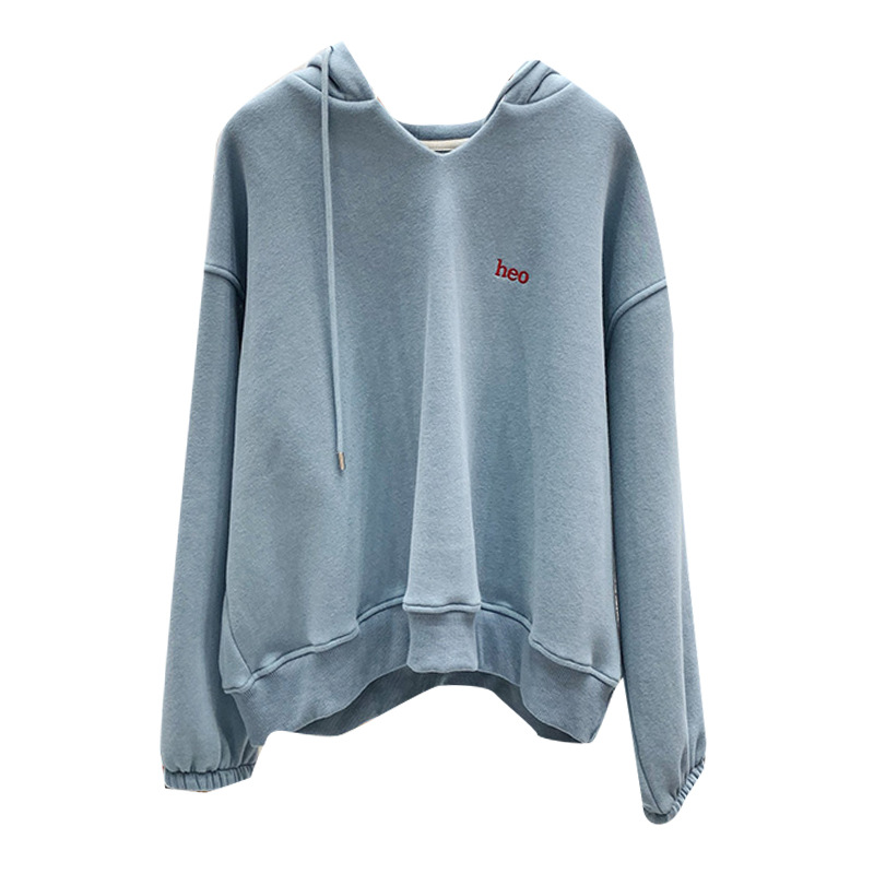 2021 Autumn and Winter New Women&#039;s Clothing Korean-Style Long-Sleeved Hooded V-neck Fleece-Lined Thick Loose Hoody
