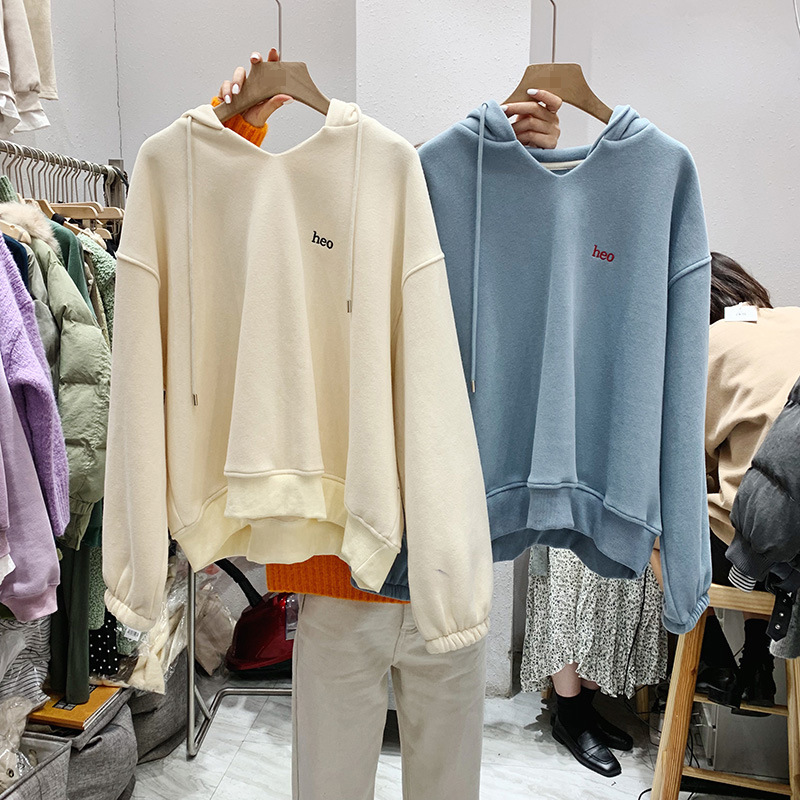 2021 Autumn and Winter New Women's Clothing Korean-Style Long-Sleeved Hooded V-neck Fleece-Lined Thick Loose Hoody 2021 Autumn and Winter New Women's Clothing Korean-Style Long-Sleeved Hooded V-neck Fleece-Lined Thick Loose Hoody