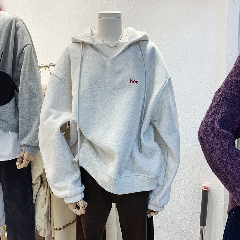 2021 Autumn and Winter New Women's Clothing Korean-Style Long-Sleeved Hooded V-neck Fleece-Lined Thick Loose Hoody 2021 Autumn and Winter New Women's Clothing Korean-Style Long-Sleeved Hooded V-neck Fleece-Lined Thick Loose Hoody