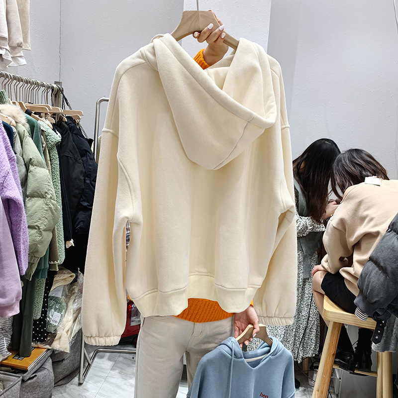 2021 Autumn and Winter New Women's Clothing Korean-Style Long-Sleeved Hooded V-neck Fleece-Lined Thick Loose Hoody 2021 Autumn and Winter New Women's Clothing Korean-Style Long-Sleeved Hooded V-neck Fleece-Lined Thick Loose Hoody
