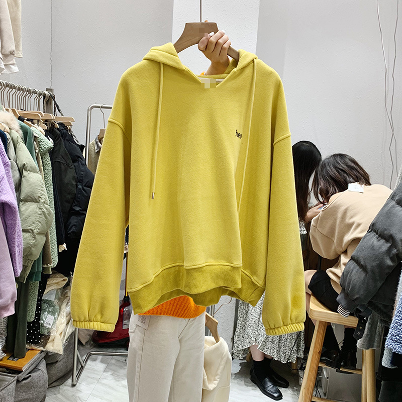 2021 Autumn and Winter New Women's Clothing Korean-Style Long-Sleeved Hooded V-neck Fleece-Lined Thick Loose Hoody 2021 Autumn and Winter New Women's Clothing Korean-Style Long-Sleeved Hooded V-neck Fleece-Lined Thick Loose Hoody