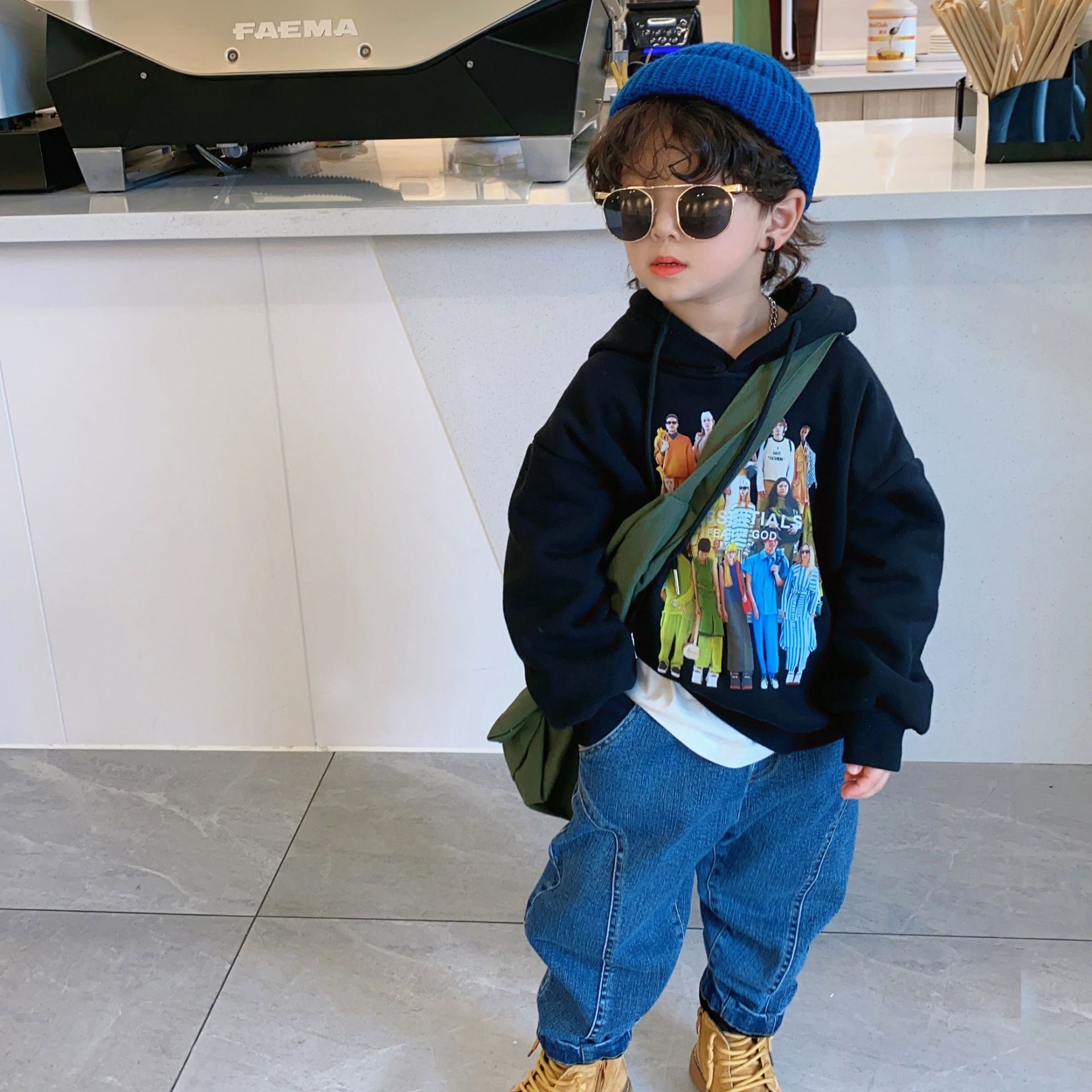 1 Door2021 New Autumn and Winter Children's Hoodie Brushed Hoody Boys and Girls Korean Style Fashionable Thickened Pullover