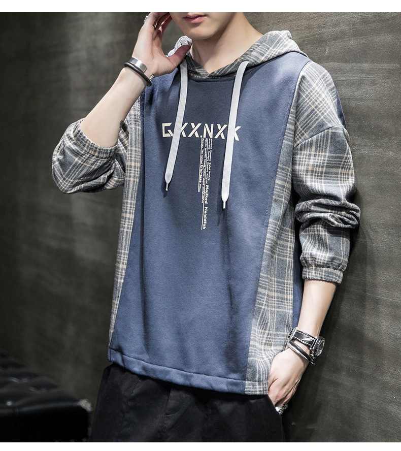 Hooded Sweater Men Fashion Brands Fake Two-Piece Long Sleeve Plaid Top Clothes Korean Style Trendy Loose Jeans for Hoody Hooded Sweater Men Fashion Brands Fake Two-Piece Long Sleeve Plaid Top Clothes Korean Style Trendy Loose Jeans for Hoody