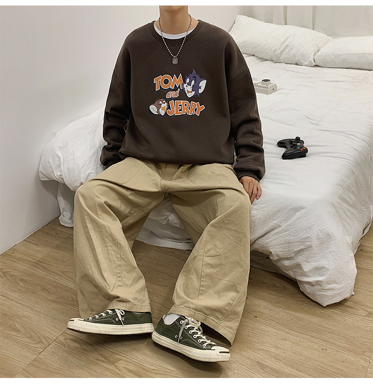 2020 New round Neck Brushed Hoody Men's KoreanStyle Loose Couple LongSleeved Tshirt Versatile Top Bottoming Shirt