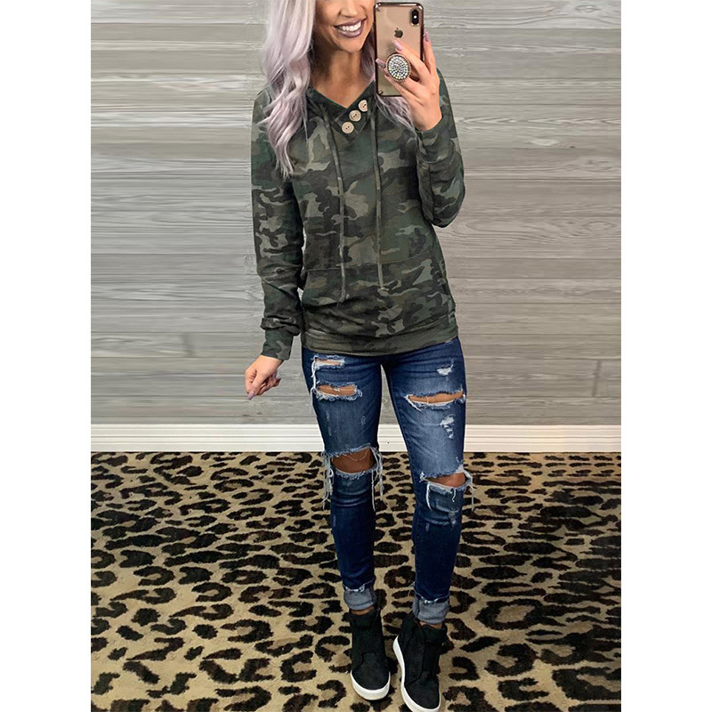 2020 Autumn and Winter New Women's Printed Pullover Hoody Vneck LongSleeved Hooded Sweater Women's Upper Y322