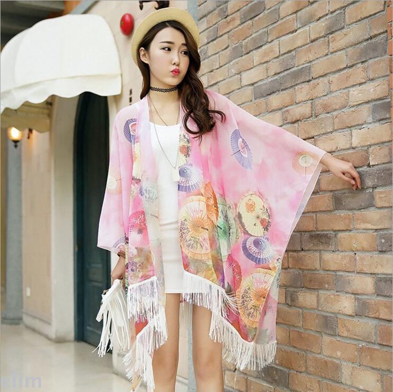 New chiffon printed suntan beach towel with split beard shawl front