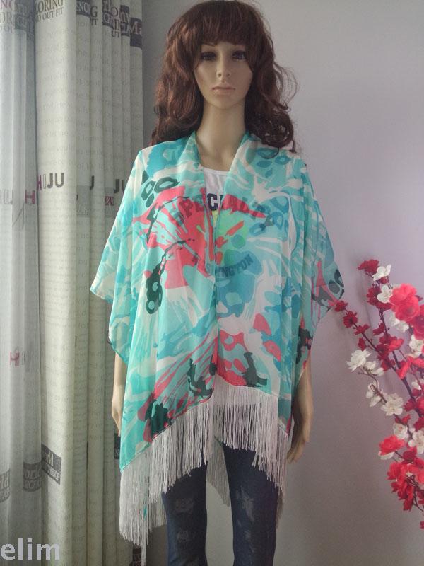 New chiffon printed suntan beach towel with split beard shawl front
