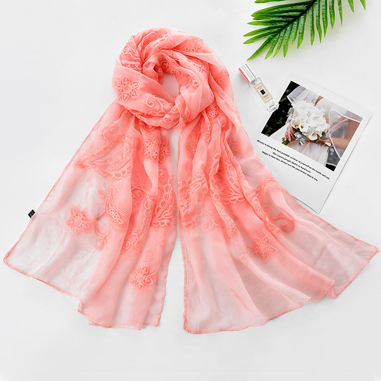 Foreign Trade Flower Decorative Warm Scarf Women&#039;s Warp Knitted Chiffon Embroidered Tie-Dyed Scarf Long Tassel Shawl Lengthened