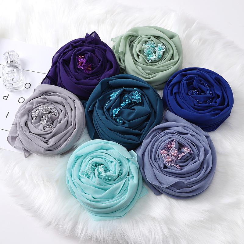 New Indonesia Baotou Scarf Pearl Chiffon Material Nail Pearl Decorative Scarf Scarf Wholesale