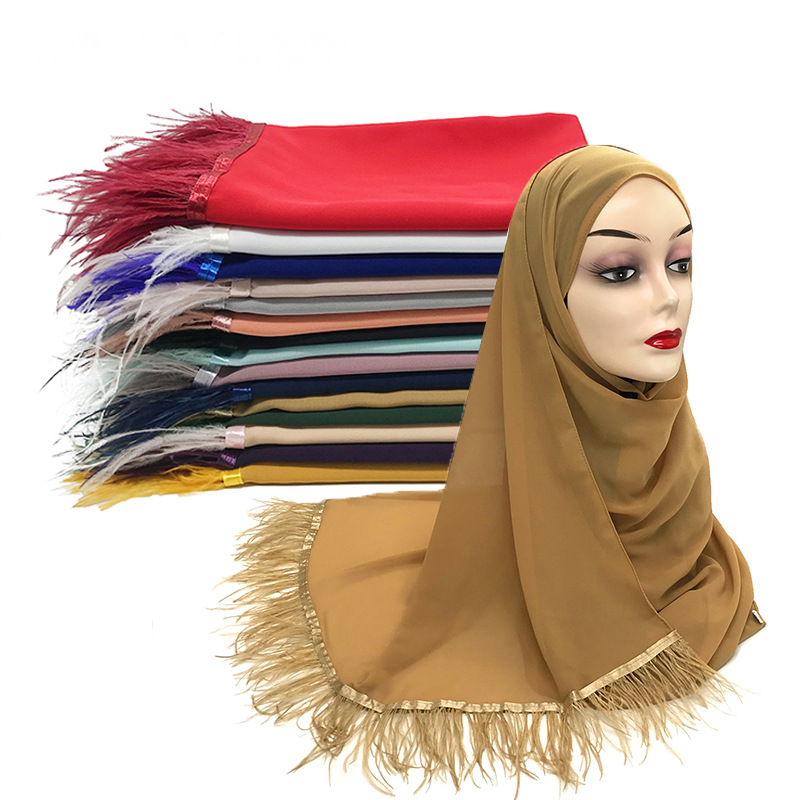High Quality Cross-Border Amazon New Chiffon Belt Feather Women Scarf Islamic Fashion Baotou One Piece Dropshipping High Quality Cross-Border Amazon New Chiffon Belt Feather Women Scarf Islamic Fashion Baotou One Piece Dropshipping
