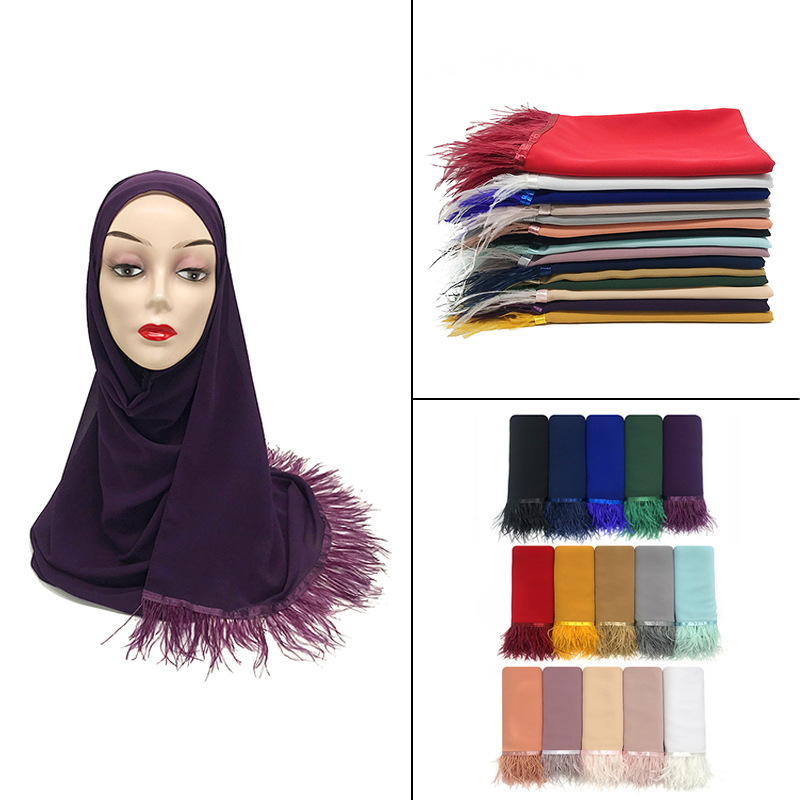 High Quality Cross-Border Amazon New Chiffon Belt Feather Women Scarf Islamic Fashion Baotou One Piece Dropshipping High Quality Cross-Border Amazon New Chiffon Belt Feather Women Scarf Islamic Fashion Baotou One Piece Dropshipping