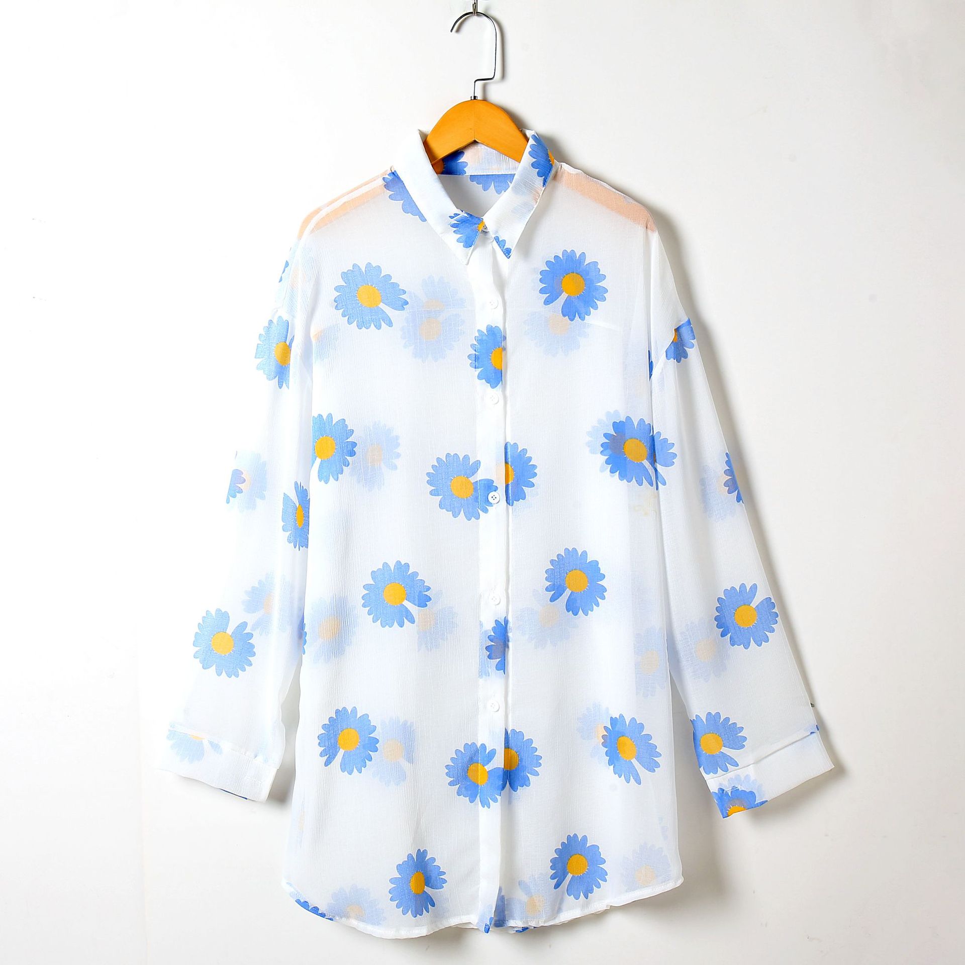 Sun Protection Shirt for Women 202 Summer Chrysanthemum Printed Shirt Sun Protection Clothing Large Size Loose Western Style Chiffon Thin Cardigan
