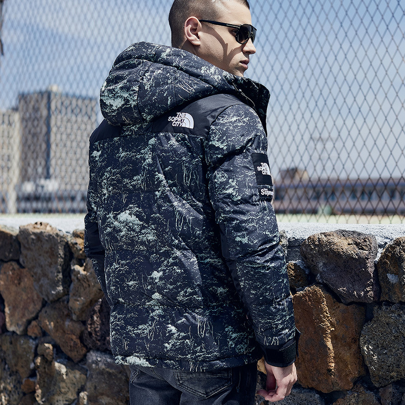 Foreign Trade European and American Cotton-Padded Coat Men&#039;s Winter Men&#039;s Jackets Hooded down Jacket Men&#039;s Fashion Brand Thickening Print Outdoor Cotton-Padded Jacket