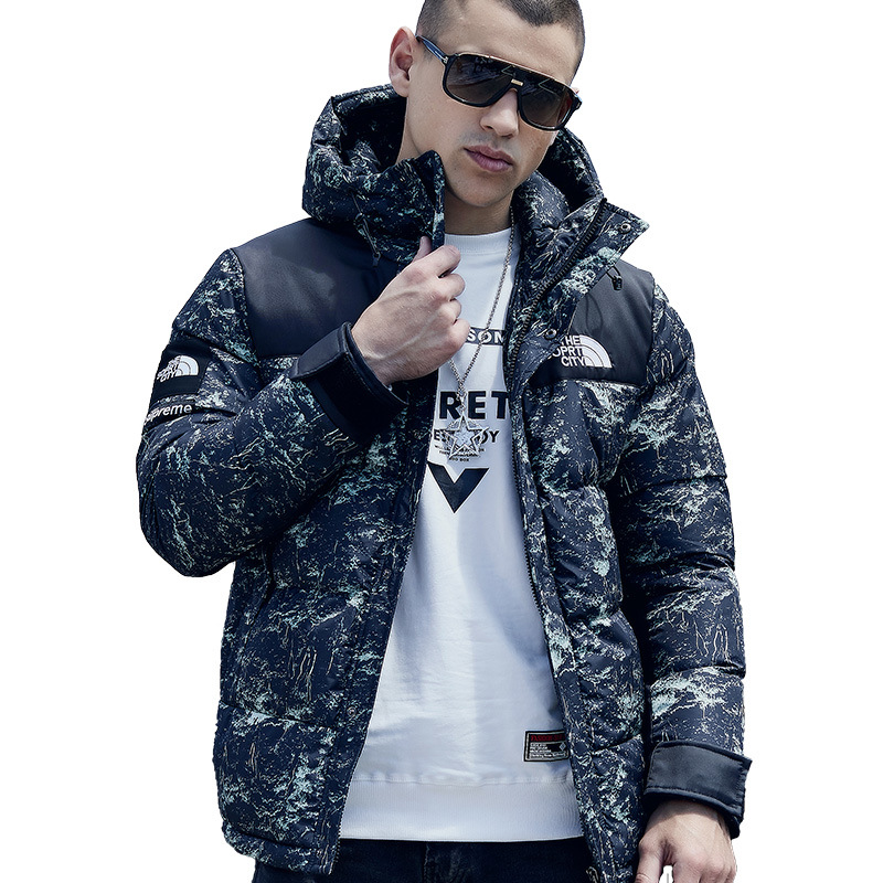 Foreign Trade European and American Cotton-Padded Coat Men&#039;s Winter Men&#039;s Jackets Hooded down Jacket Men&#039;s Fashion Brand Thickening Print Outdoor Cotton-Padded Jacket
