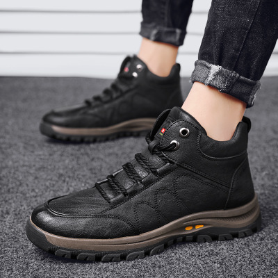 Men&#039;s Shoes Cotton-Padded Shoes with Velvet 2020 Winter High-Top Leisure Climbing Trendy Shoes Men&#039;s Trendy Wild Leather Shoes Autumn New