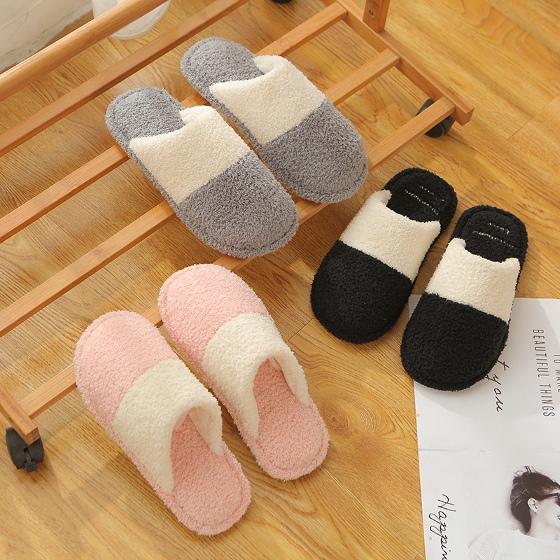Winter Cotton Slippers Korean Style Simple Striped Color Matching Plush Indoor Non-Slip Warm Wear-Resistant Slippers Women&#039;s Home Couple Series