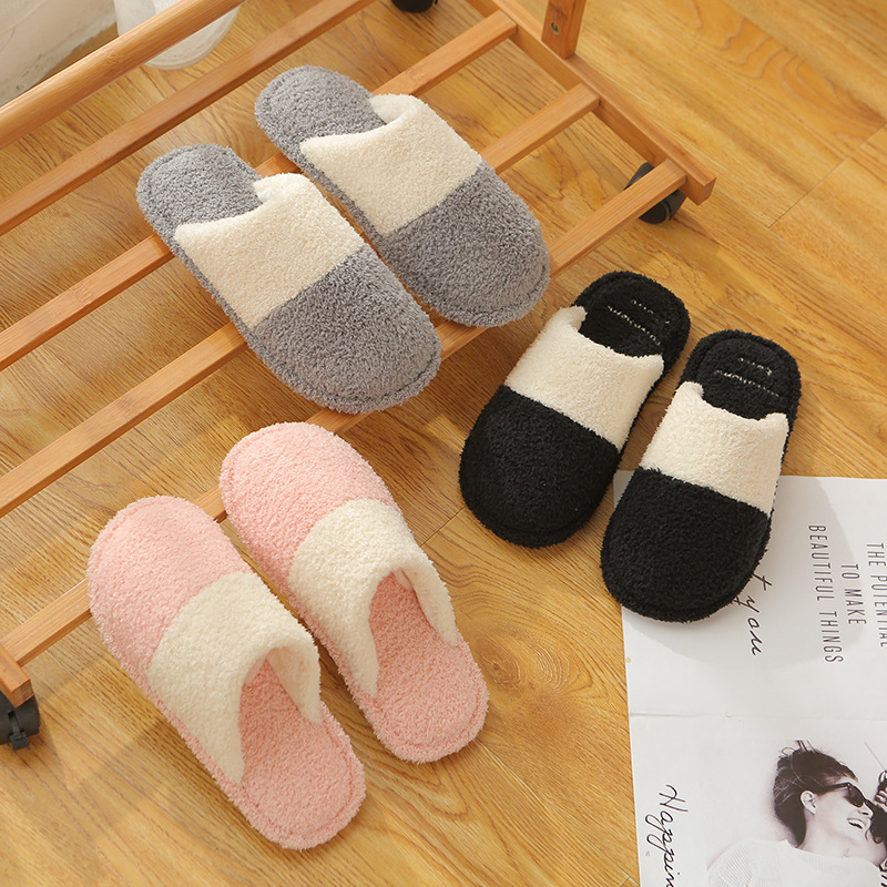 Winter Cotton Slippers Korean Style Simple Striped Color Matching Plush Indoor Non-Slip Warm Wear-Resistant Slippers Women&#039;s Home Couple Series