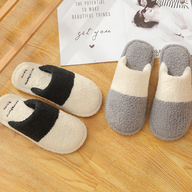 Winter Cotton Slippers Korean Style Simple Striped Color Matching Plush Indoor Non-Slip Warm Wear-Resistant Slippers Women&#039;s Home Couple Series