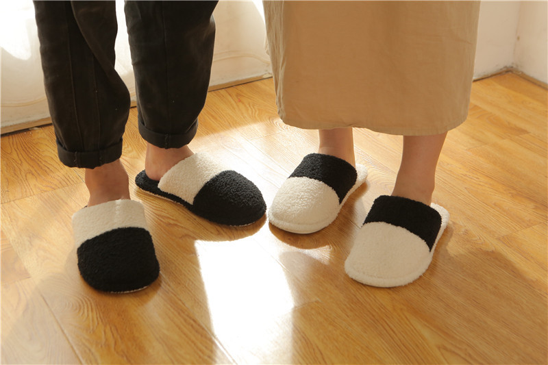 Winter Cotton Slippers Korean Style Simple Striped Color Matching Plush Indoor Non-Slip Warm Wear-Resistant Slippers Women's Home Couple Series