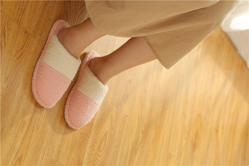 Winter Cotton Slippers Korean Style Simple Striped Color Matching Plush Indoor Non-Slip Warm Wear-Resistant Slippers Women's Home Couple Series