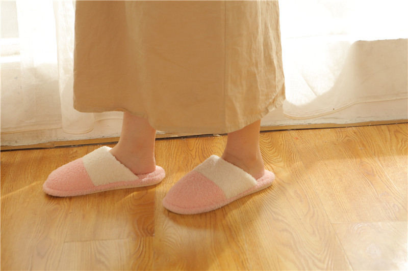 Winter Cotton Slippers Korean Style Simple Striped Color Matching Plush Indoor Non-Slip Warm Wear-Resistant Slippers Women's Home Couple Series