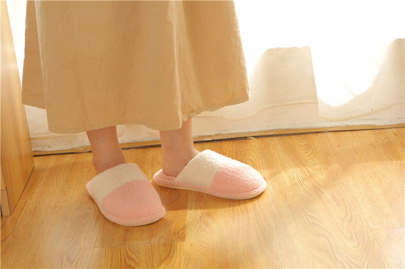 Winter Cotton Slippers Korean Style Simple Striped Color Matching Plush Indoor Non-Slip Warm Wear-Resistant Slippers Women's Home Couple Series