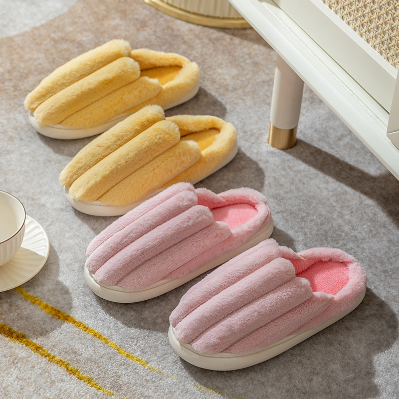 Autumn Winter Thick Cotton Slippers Breathable Soft Bottom Female Couple Interior Home Side Seam Solid Color Cotton Slippers Male