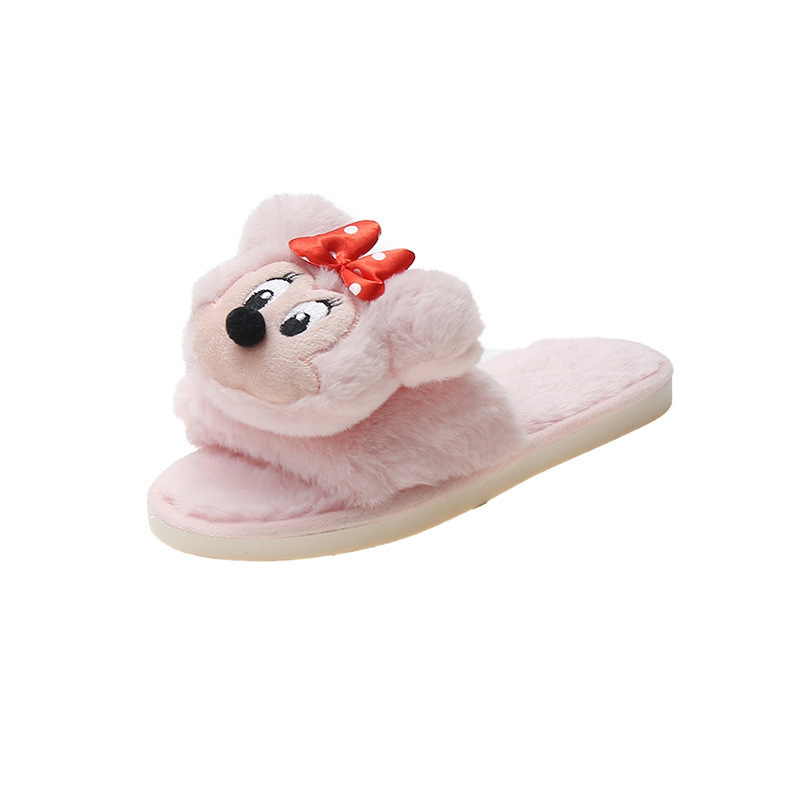 2022 Autumn and Winter Cross-Border New Arrival Fluffy Slippers Female Korean Cartoon Mickey Mouse Home Flat Warm Word Cotton Slippers