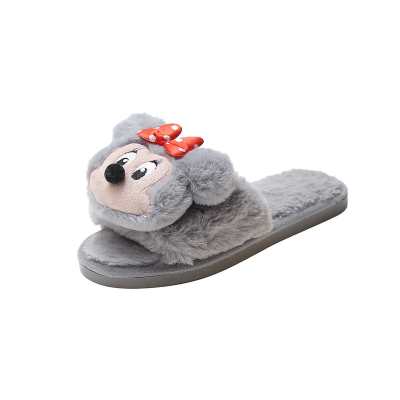 2022 Autumn and Winter Cross-Border New Arrival Fluffy Slippers Female Korean Cartoon Mickey Mouse Home Flat Warm Word Cotton Slippers