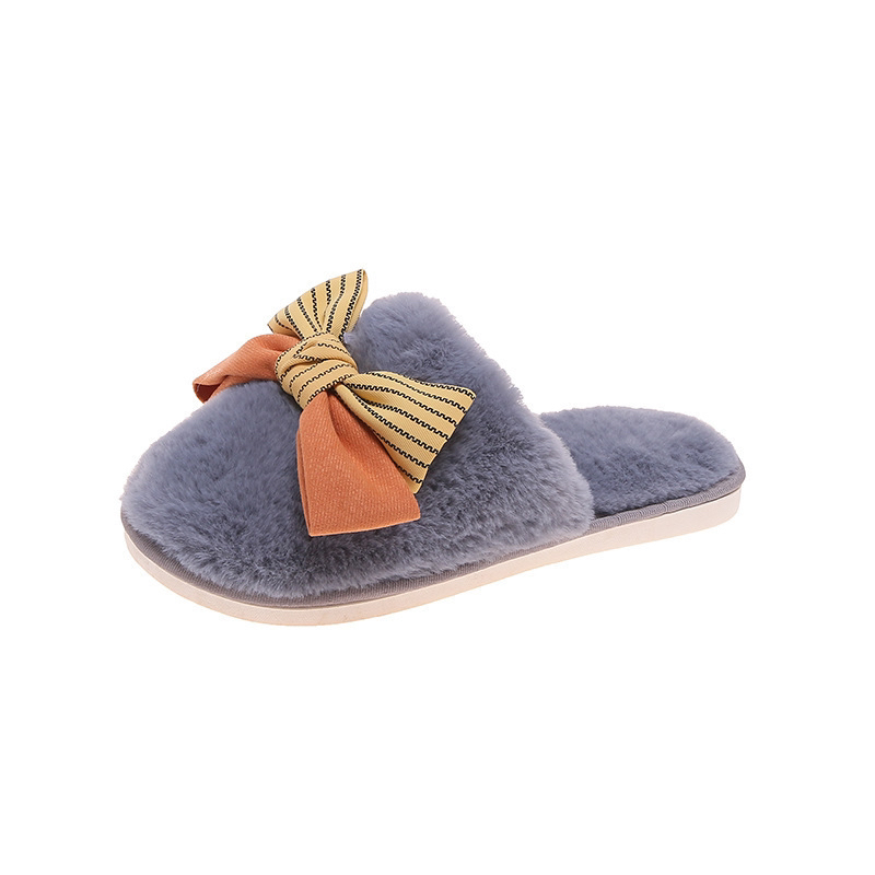 Cross-Border Amazon New Color-Blocking Bow Fluffy Slippers Women's Home Indoor Warm Plush Cotton Slippers Women's Cross-Border Amazon New Color-Blocking Bow Fluffy Slippers Women's Home Indoor Warm Plush Cotton Slippers Women's