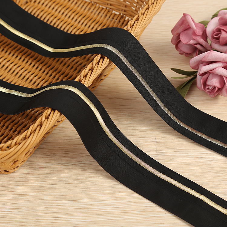 The High - quality bicolor ribbon black gold stripe elastic polyester belt DIY clothing bra underwear accessories can be customized, wholesale