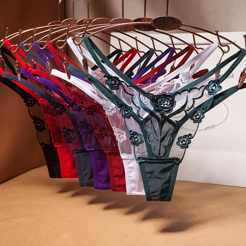 European and American Sexy Embroidered Women&#039;s T-Back Transparent Mesh Thin Belt Temptation Seamless Underwear Women&#039;s Hot T-Shaped Panties Plus Size