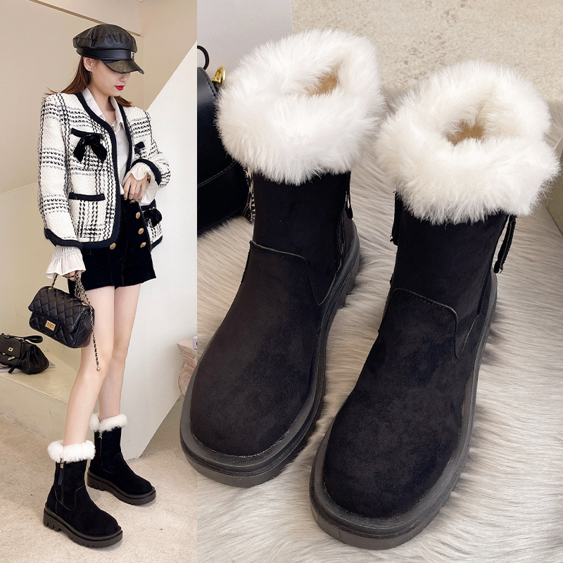 Snow Boots Women&#039;s Fur Mouth Mid-Calf 2021 Autumn and Winter New Women&#039;s Shoes Korean Style Thick Bottom Fleece-Lined Side Zipper Martin Boots Women&#039;s Shoes