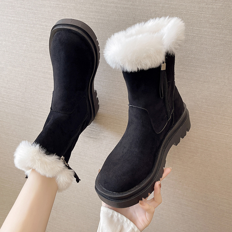 Snow Boots Women&#039;s Fur Mouth Mid-Calf 2021 Autumn and Winter New Women&#039;s Shoes Korean Style Thick Bottom Fleece-Lined Side Zipper Martin Boots Women&#039;s Shoes