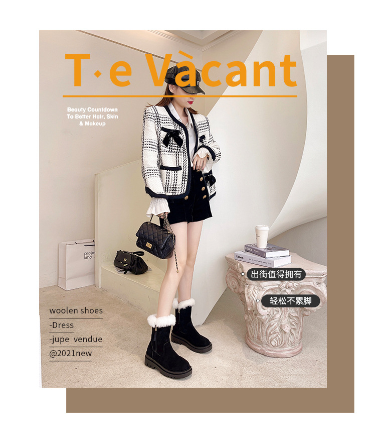 Snow Boots Women's Fur Mouth Mid-Calf 2021 Autumn and Winter New Women's Shoes Korean Style Thick Bottom Fleece-Lined Side Zipper Martin Boots Women's Shoes