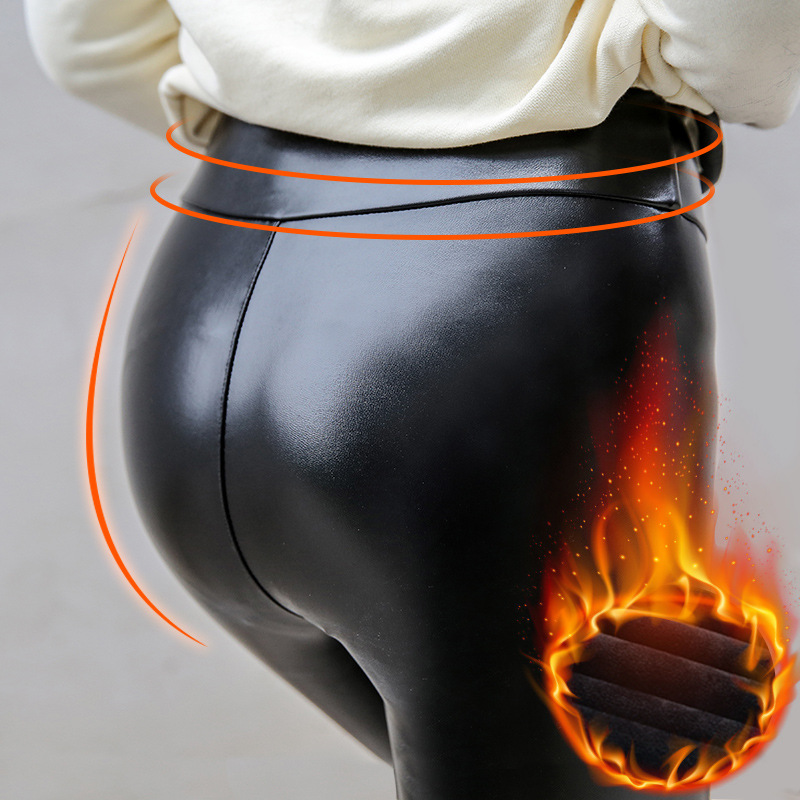 Leather Pants Women&#039;s Fleece-Lined Thickened High Waist Large Size Slimming and Tight Narrow Trouser Legs Warm Leggings for Spring and Autumn 2021