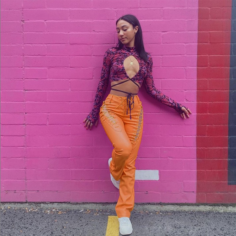 2021 European and American Fashion &amp; Trend Women&#039;s New High Waist Hollow-out Strap Straight Ankle Tied Slim Fit Slim and Sexy Leather Pants