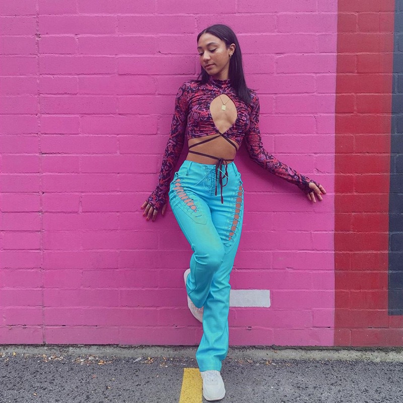 2021 European and American Fashion &amp; Trend Women&#039;s New High Waist Hollow-out Strap Straight Ankle Tied Slim Fit Slim and Sexy Leather Pants