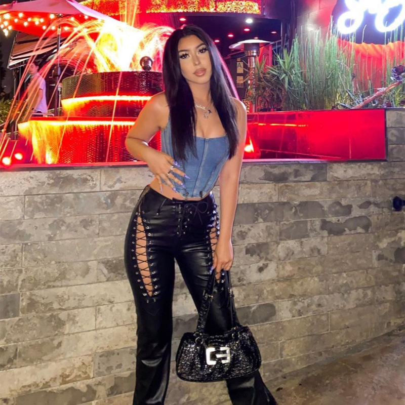 2021 European and American Fashion & Trend Women's New High Waist Hollow-out Strap Straight Ankle Tied Slim Fit Slim and Sexy Leather Pants 2021 European and American Fashion & Trend Women's New High Waist Hollow-out Strap Straight Ankle Tied Slim Fit Slim and Sexy Leather Pants